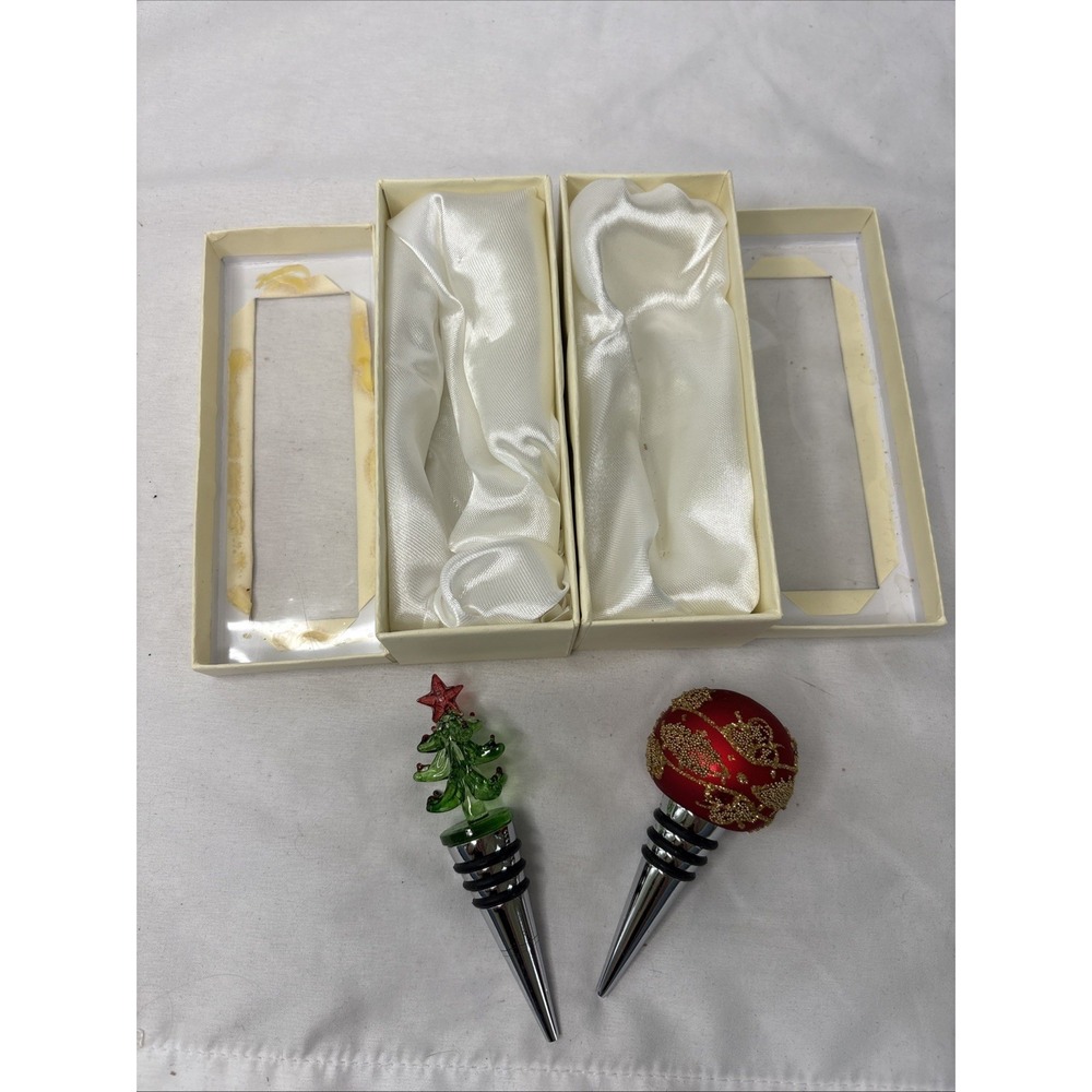 2 Blown Glass Wine Bottle Stoppers Christmas Tree & Ornament Art Glass Holiday